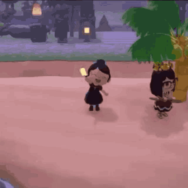 a couple of cartoon characters are standing next to each other on a pink surface .