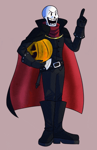 a drawing of a skeleton holding a pumpkin and giving a thumbs up
