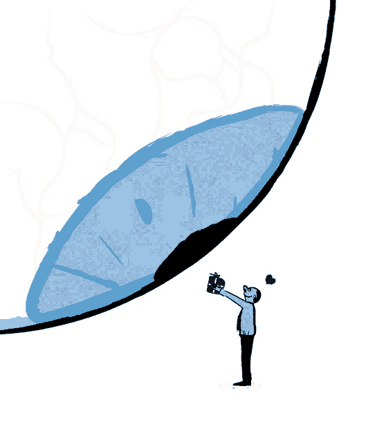 a cartoon drawing of a man holding a box in front of a large eye