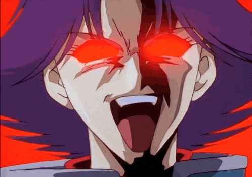 a close up of a cartoon character with red eyes
