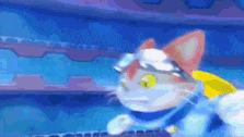a pixel art of a cat wearing goggles and a blue jacket .