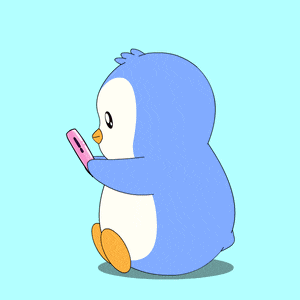 a penguin is holding a cell phone with a heart on it
