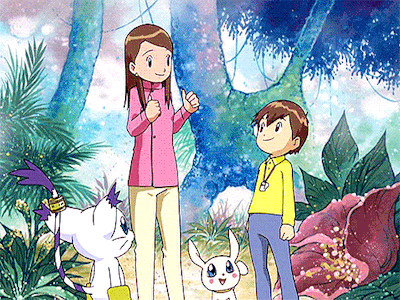 a boy and a girl are standing next to each other in a cartoon scene