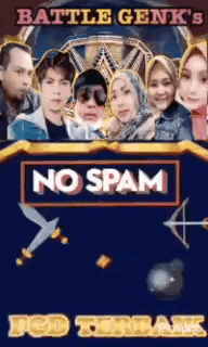 a group of people are standing next to each other in front of a sign that says no spam