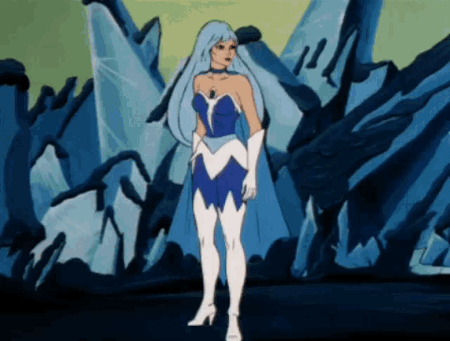 a cartoon character with blue hair and white gloves is standing in front of a mountain of crystals