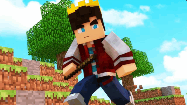 a minecraft character with a crown on his head holding a sword