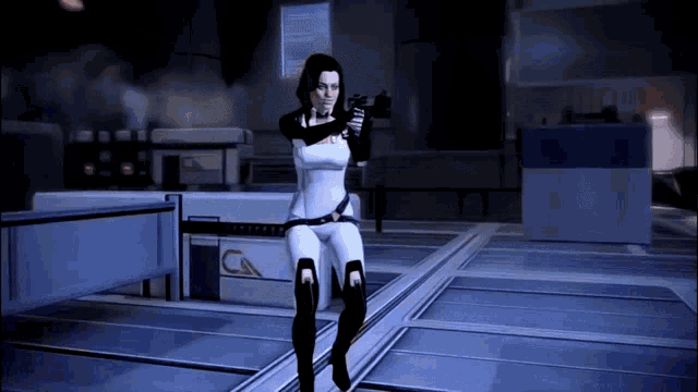 a woman is holding a gun in front of a building with the letter c on it