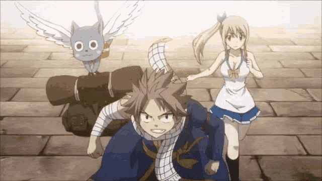 a group of anime characters are running on a wooden floor with a cat in the background