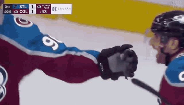 a hockey player with the number 6 on his jersey is shaking hands with another player