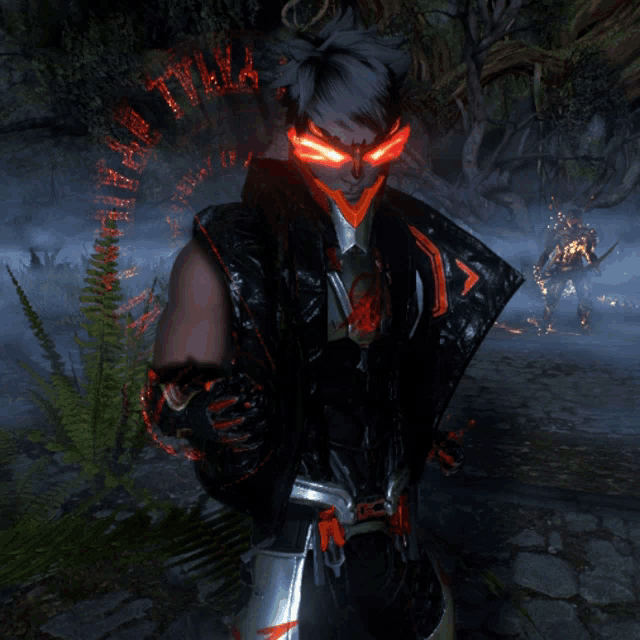 a man with glowing red eyes is standing in a dark area