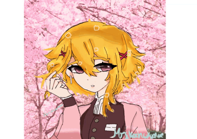 a drawing of a girl with a cherry blossom tree in the background says my kanekyoue