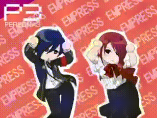 two anime characters are dancing in front of a red background that says empress on it