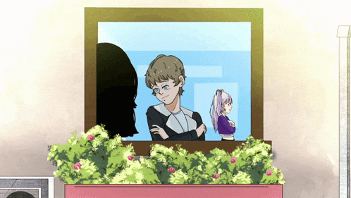a cartoon of a man and a girl looking out of a window