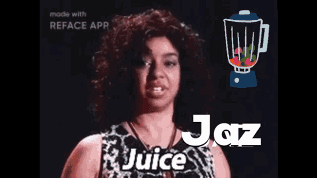 a woman with a blender behind her and the word juice