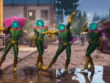 a group of superheros are dancing in a puddle