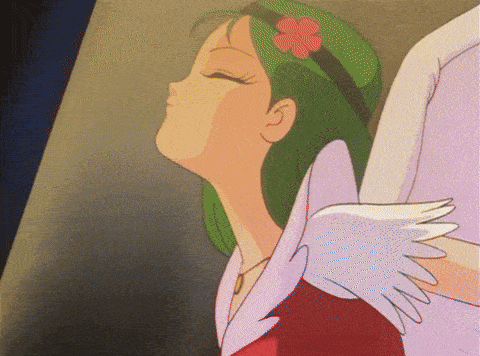 a girl with green hair and a flower in her hair looks up at something