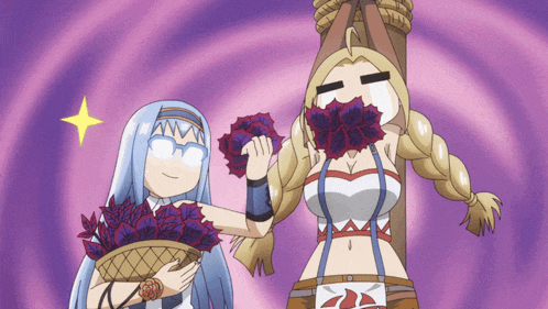 a cartoon of a girl holding a basket of flowers next to another girl