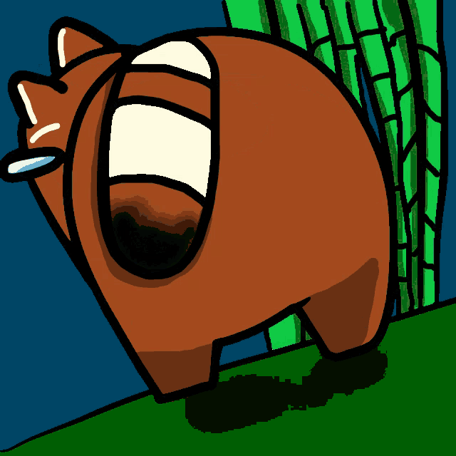 a cartoon drawing of a brown animal standing next to a green tree