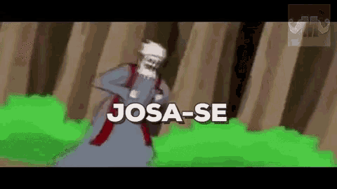 a cartoon of a man standing in front of a fence with the words josa-se written on the screen .