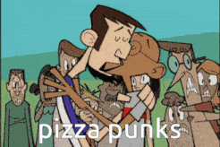 a cartoon of a man hugging another man with the words pizza punks above him