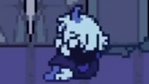 a pixel art of a sheep with horns standing in a dark room in a video game .