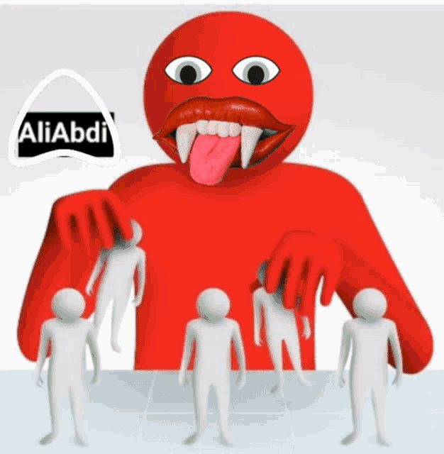 a red monster with a tongue sticking out is surrounded by small white figures and a sticker that says aliabdi