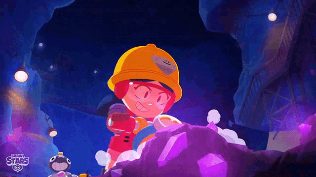 a cartoon character from the video game brawl stars is standing in a cave
