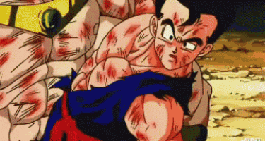 a cartoon of a man holding another man in his arms with blood on his face .