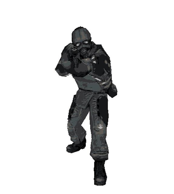 a video game character with a gas mask and the number 9 on his arm