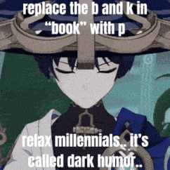 a picture of a person with the words replace the b and k in " book " with p relax millennials