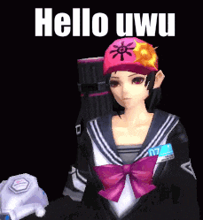 a girl in a school uniform is wearing a hat that says hello uwu on it
