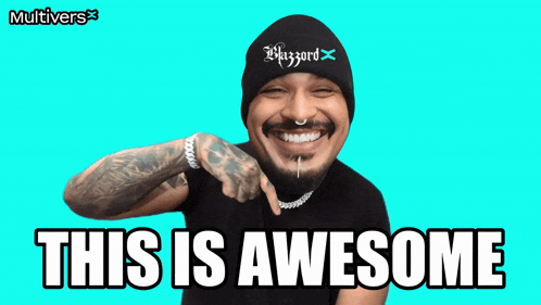 a man wearing a beanie and a t-shirt that says " this is awesome "