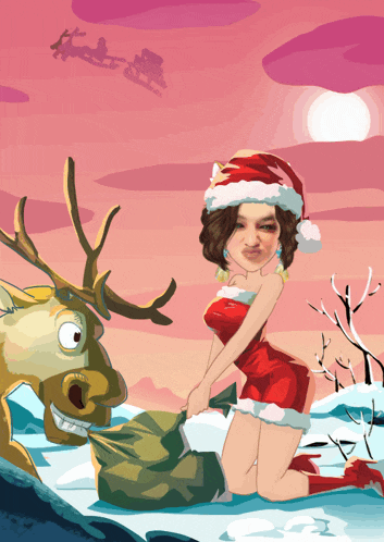 a cartoon drawing of a woman dressed as santa claus kneeling next to a reindeer