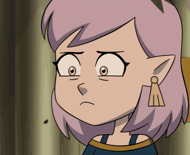 a close up of a cartoon character with purple hair and earrings