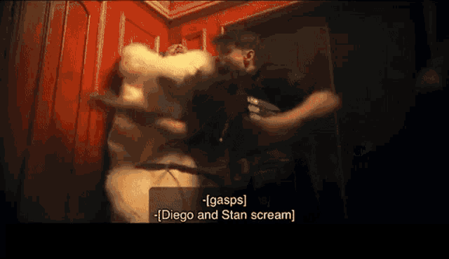 a man in a fur coat is being held by a police officer and says gasps