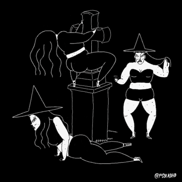 a black and white drawing of two witches and a cross on a black background .