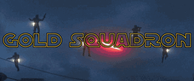 a poster for gold squadron shows a group of soldiers flying in the air