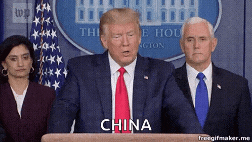 donald trump is giving a speech at a podium with the word china written on it