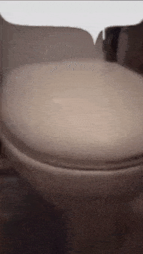 a close up of a toilet seat with a speech bubble above it .