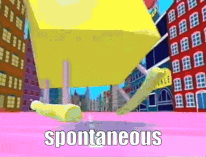 a cartoon spongebob squarepants character is standing on a pink surface with the words spontaneous written below him