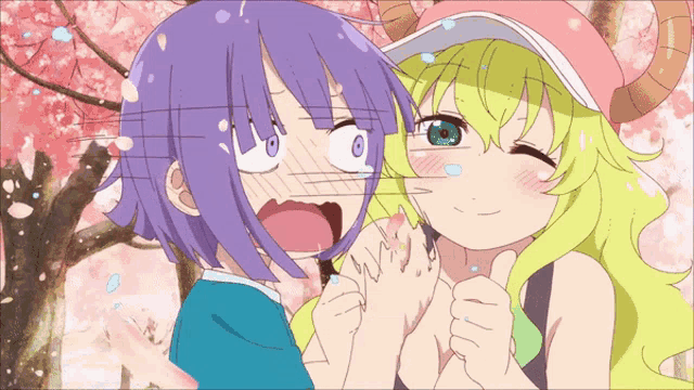 a purple haired girl and a green haired girl holding hands