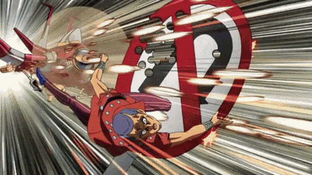 a cartoon character is flying through the air with bullets flying around him