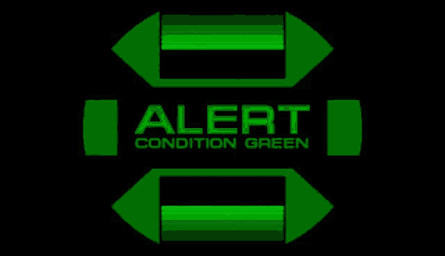 a green alert condition green sign with arrows pointing in opposite directions