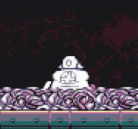 a pixel art drawing of a robot sitting on top of a pile of flowers .
