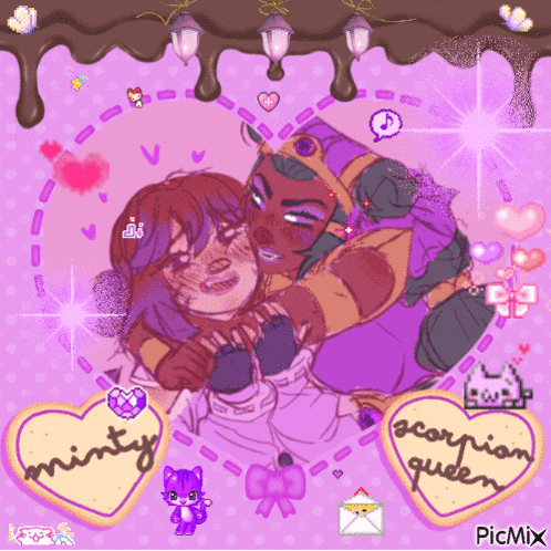 a drawing of a couple with hearts that say minty scorpion queen