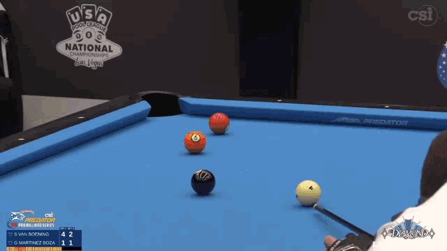 a pool table with a csi logo on the wall