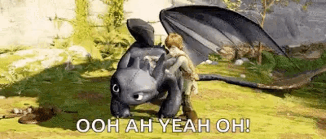 toothless from how to train your dragon is riding on the back of a boy .