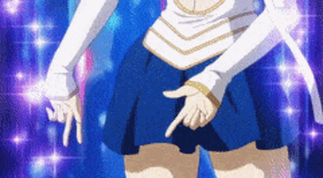 a girl in a white top and blue skirt is pointing her finger at herself