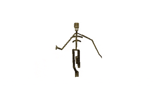 a skeleton is standing on a wooden tripod with its mouth open and looking at the camera .