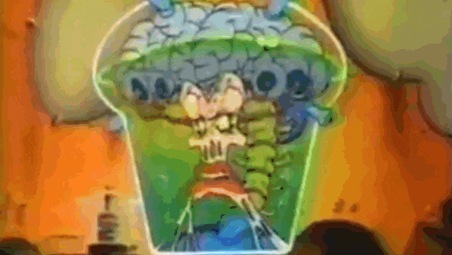a cartoon drawing of a monster with a brain in a glass container